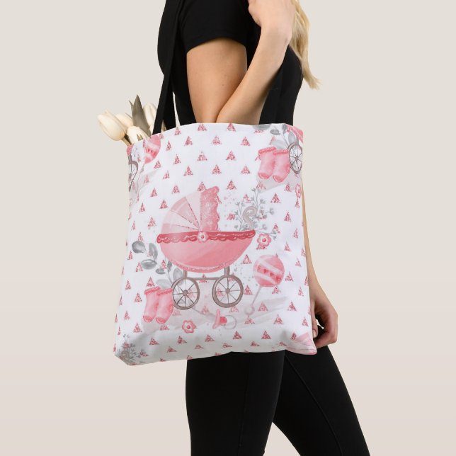 TOTE BAG PINK & GRAY BÉBÉ FILLE PASTEL PRAM BOOTIES (De près)