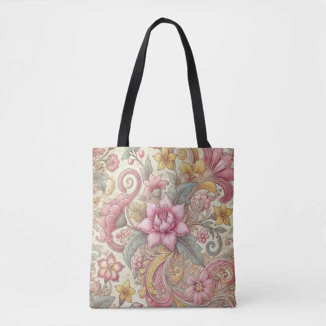 Tote Bag Pink Green Jaune Indonésien Batik motif floral (Devant)