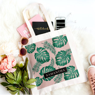 Tote Bag Pink & Green Palm Feuille Motif & nom