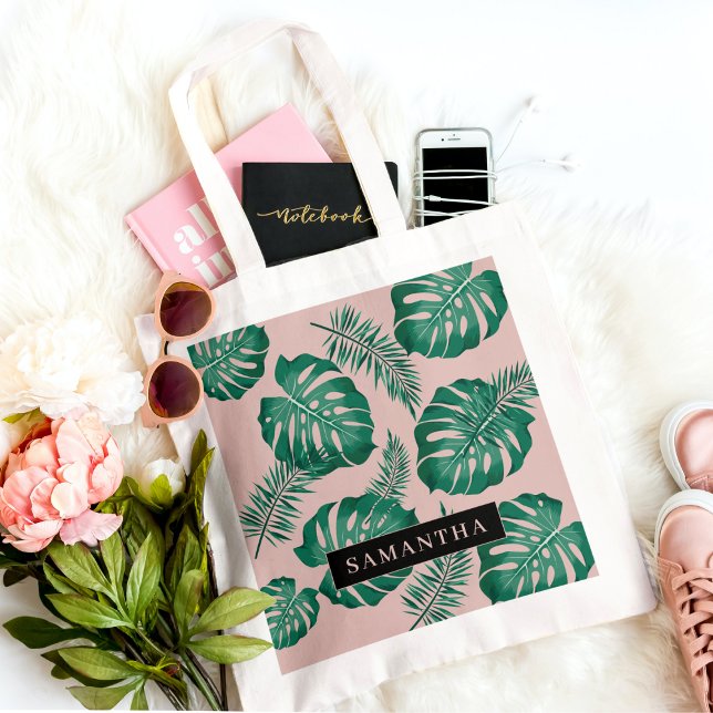 Tote Bag Pink & Green Palm Feuille Motif & nom (Créateur téléchargé)