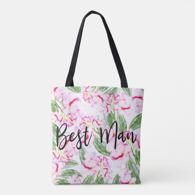 Tote Bag Pink Green Tropical Oasis BEST MAN Mariage Party (Dos)