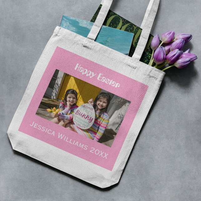 Tote Bag Pink Happy Easter Custom Name Photo Cute Egg Hunt  (Créateur téléchargé)