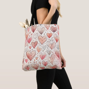 Tote Bag Pink Heart Doodles Motif Saint Valentin