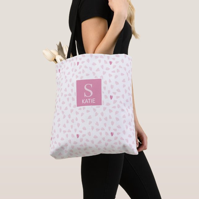 Tote Bag Pink Hearts Pattern Monogram (De près)
