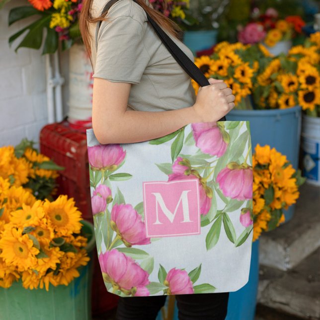 Tote Bag Pink Joli Monogramme Floral Personnalisé (Créateur téléchargé)