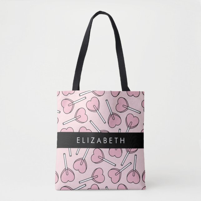 Tote Bag Pink Lollipops, Heart Lollipops, Lolly, Your Name (Devant)