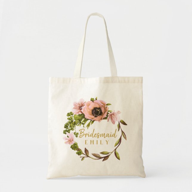 Tote Bag Pink Peony Wreath Bridesmaid Nom ID456 (Devant)