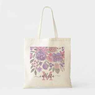 Tote Bag Pink Purple Sage Green Floral Watercolor