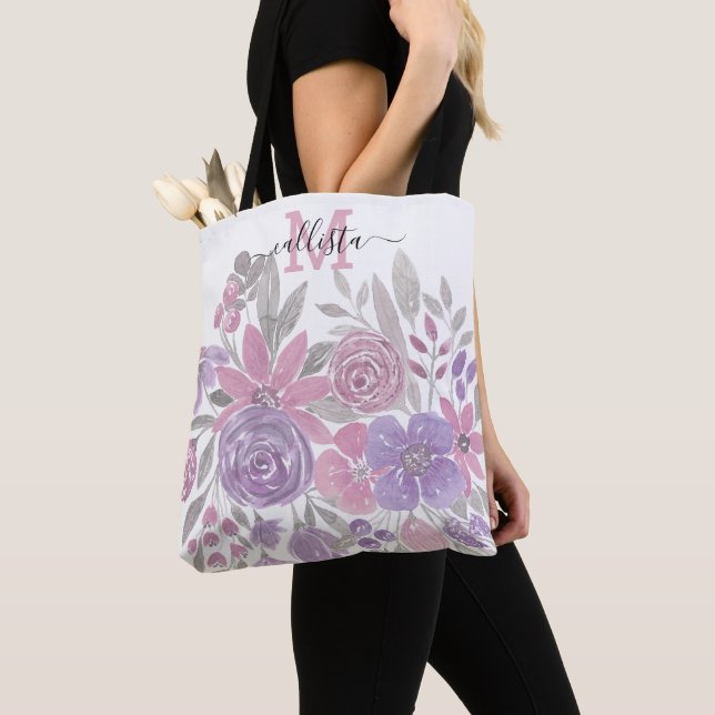 Tote Bag Pink Purple Sage Green Floral Watercolor (De près)