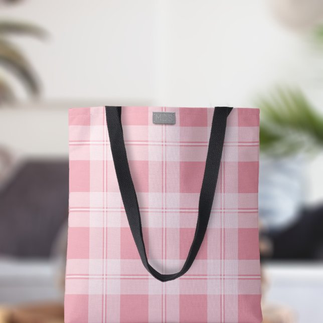 Tote Bag Pink Tartan Check Plaid Motif moderne Monogramme (A pretty pink plaid tartan check tote bag with space for your initials)