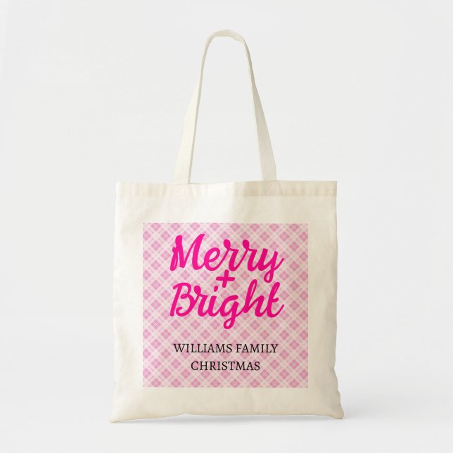 Tote Bag Pink tartan Christmas Merry Bright Family name