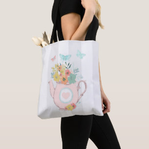 Tote Bag Pink Teapot with Flowers & Butterflies