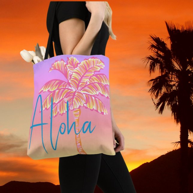 Tote Bag Pink Tropical Coucher de soleil Palm Tree Aloha Ex (The tropics are calling!)