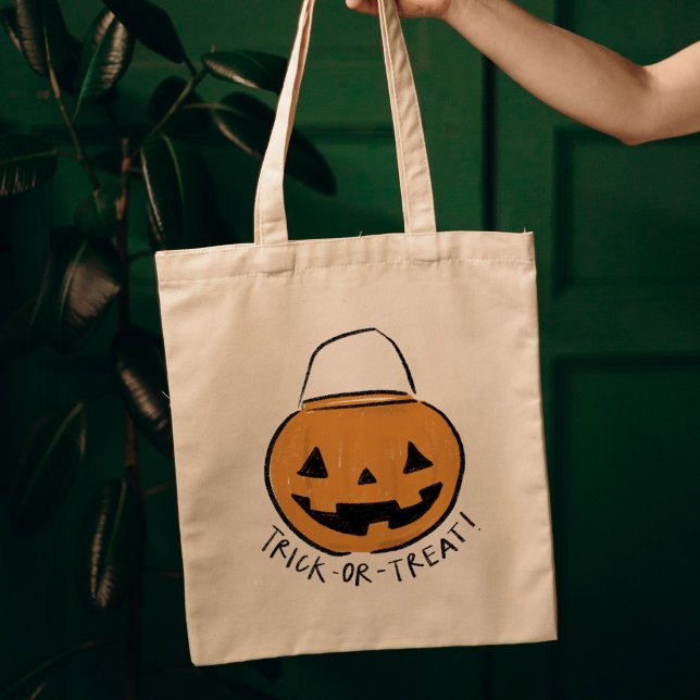 Tote Bag Pique-nique ou traitement Retro Citrouille Bucket  (Trick or Treat Retro Pumpkin Bucket Illustration Halloween Tote Bag)