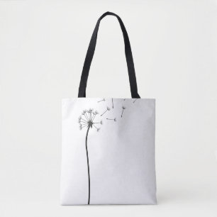 Tote Bag Pissenlit noir minimaliste soufflant dans le vent
