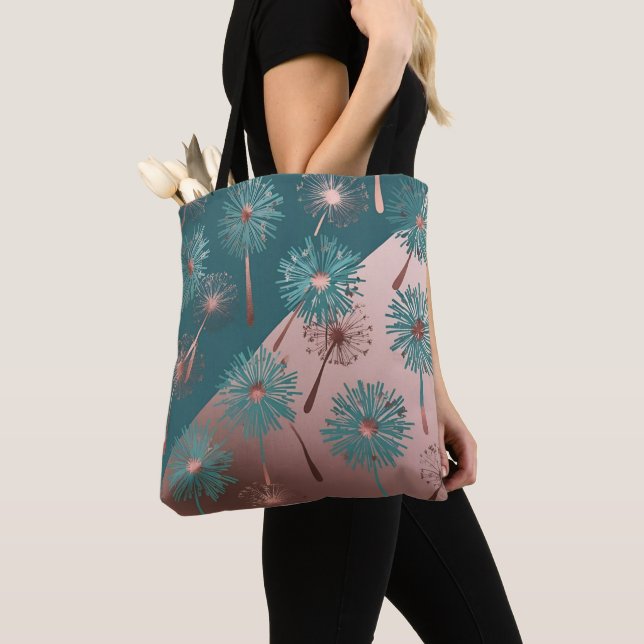Tote Bag Pissenlits turquoise et cuivre (De près)