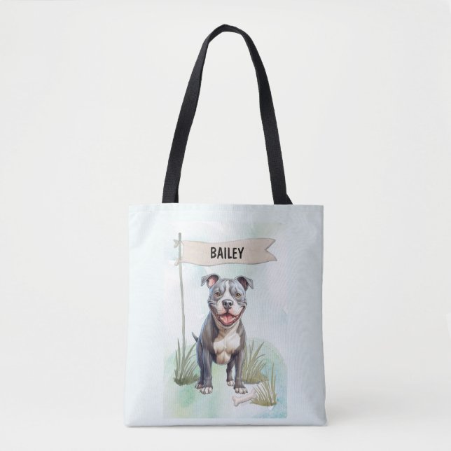 Tote Bag Pit Bull Terrier Watercolor Personalized Dog (Devant)