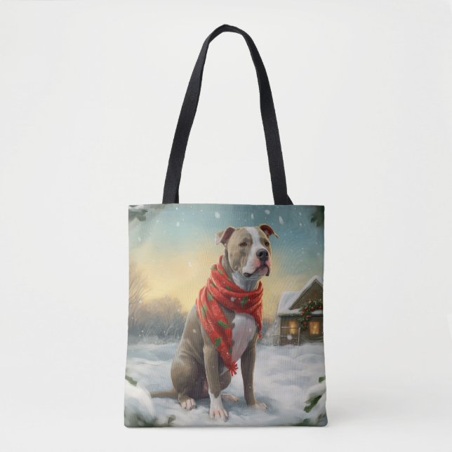 Tote Bag Pitbull Chien dans Noël de neige (Devant)
