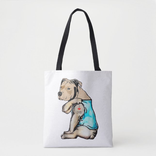 Tote Bag Pitbull Chien I Love Papa Tattoo drôle Famille (Devant)