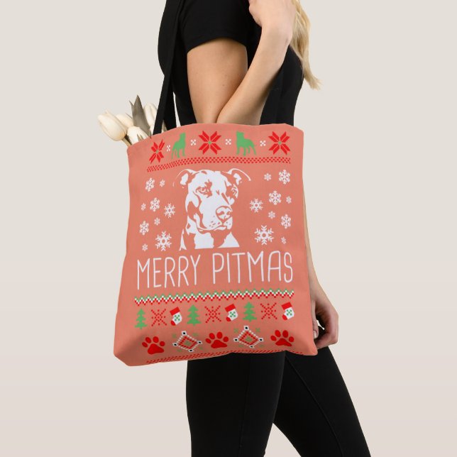 Tote Bag Pitbull Christmas Merry Pitmas Ugly Christm (De près)