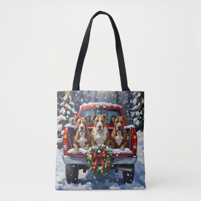 Tote Bag Pitbull Christmas Red Truck Holiday (Devant)