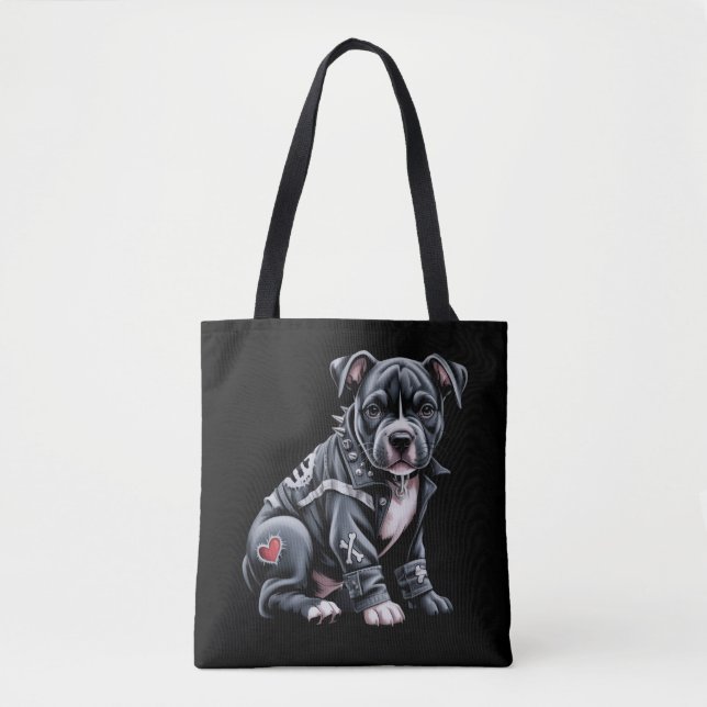 Tote Bag Pitbull en patchwork denim gothique rockeur branch (Devant)