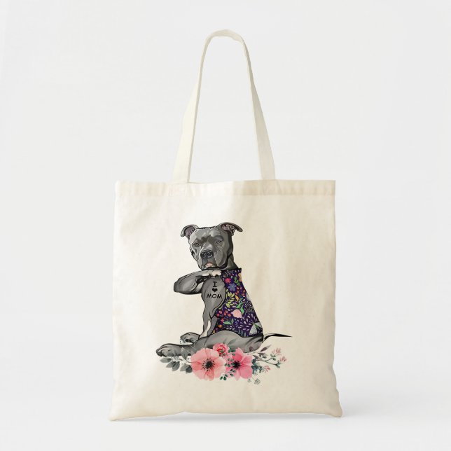 Tote Bag Pitbull Flower Chien PitBull I Love Maman Pitbull  (Devant)