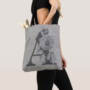 Tote Bag Pivoine argentée Élégant monogramme initial A Nom