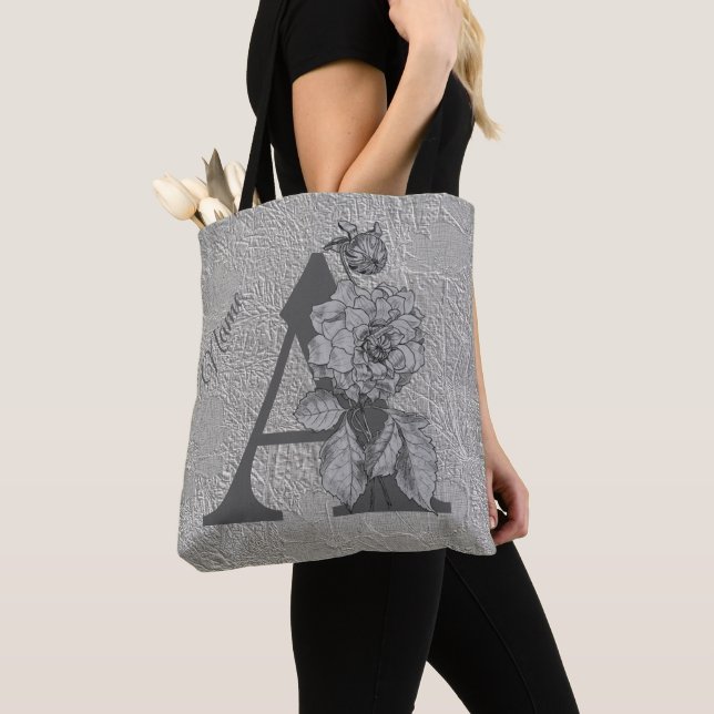 Tote Bag Pivoine argentée Élégant monogramme initial A Nom (De près)