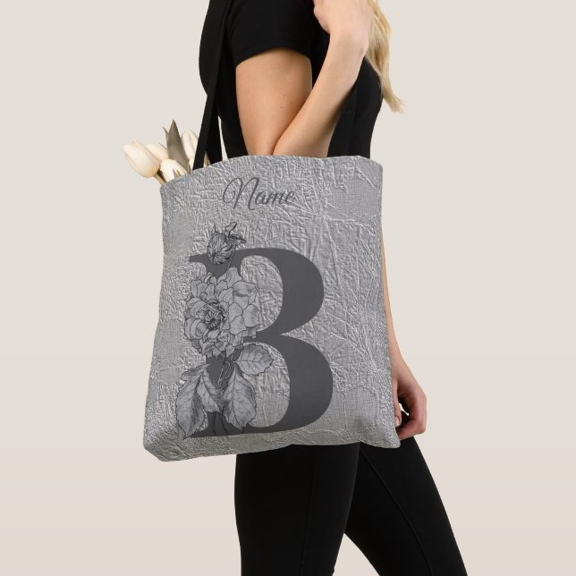 Tote Bag Pivoine argentée Élégant monogramme initial B Nom  (De près)