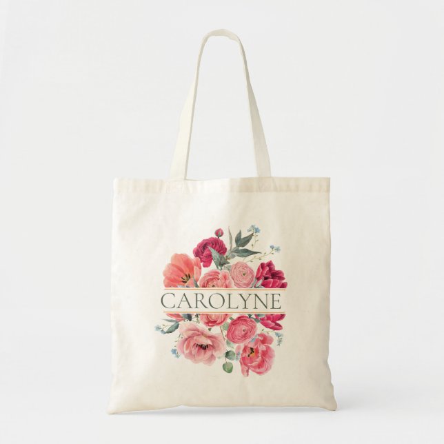 Tote Bag Pivoines françaises roses floral monogramme demois (Devant)