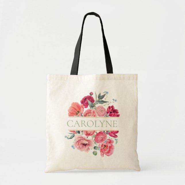 Tote Bag Pivoines françaises roses Monogramme de demoiselle (Devant)