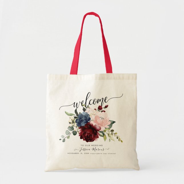 Tote Bag Pivoines Roses Marsala Bleu Pâle Aquarelle (Devant)