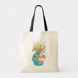 Tote Bag PixDezines Aloha Ananas + Faux Or + Aqua