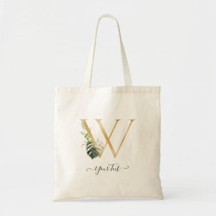 Tote Bag PixDezines Faux Monogramme Doré Feuillage Tropical