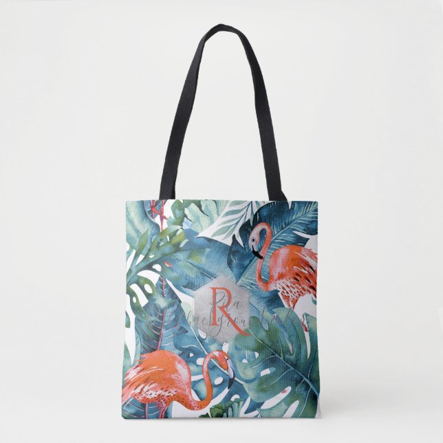 Tote Bag PixDezines Flamants roses roses+Verdure tropicale (Devant)