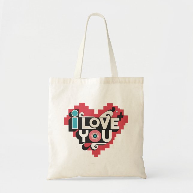 Tote Bag Pixel Heart Je t'aime Rétro Typographie (Devant)
