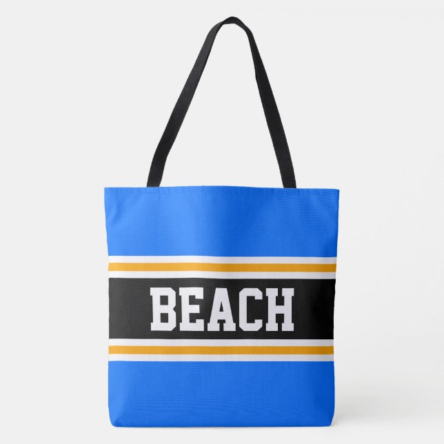 Tote Bag Plage Amusement Bleu Clair Orange Noir Été Rayures (Devant)