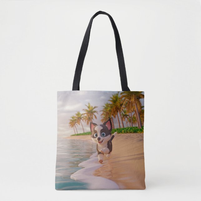 Tote Bag plage, cocotiers, dessin de chien (Devant)