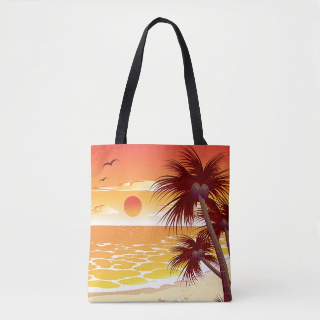 Tote Bag Plage de coucher de soleil tropical île aux palmie (Devant)