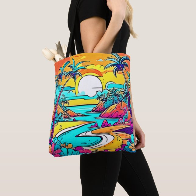 Tote Bag Plage de coucher de soleil tropicale animée (De près)
