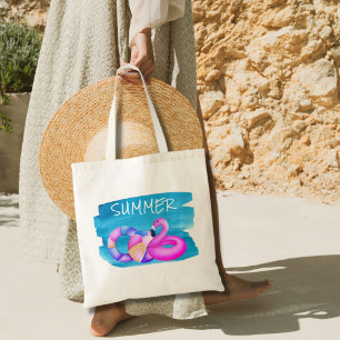 Tote Bag Plage de Flamant rose rose
