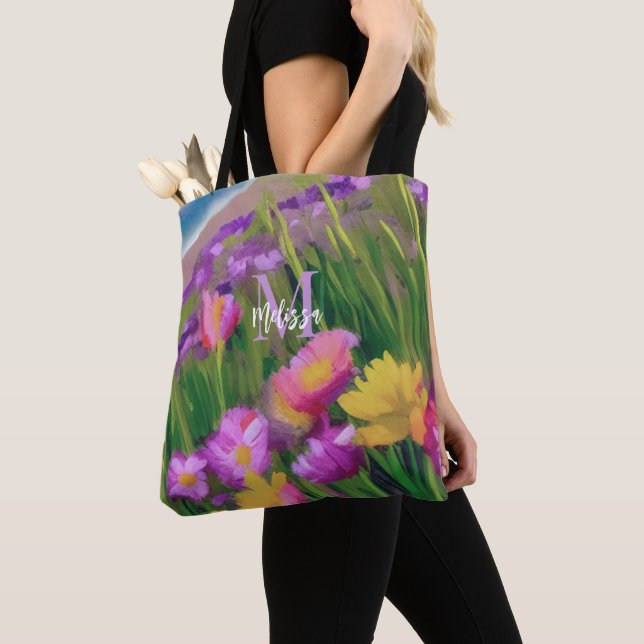 Tote Bag Plage de Monogram Fleurs sauvages Aquarelle Art Fl (De près)