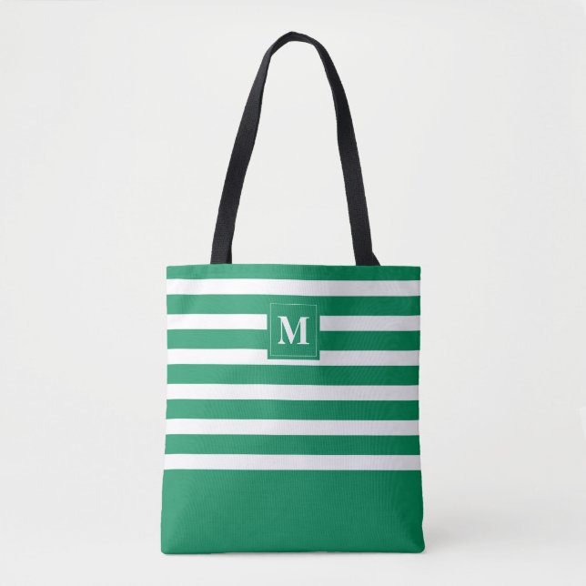 Tote Bag Plage de monogramme rayé vert mignon (Devant)