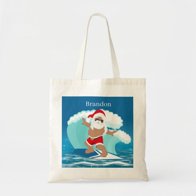 Tote Bag plage de Noël festive Père Noël ajouter nom enfant (Devant)
