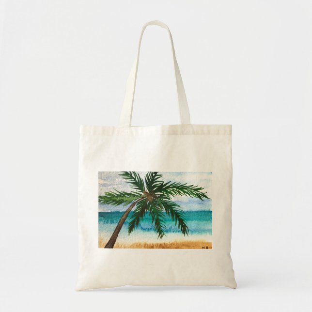 Tote Bag Plage de palmiers d'aquarelle mer côte hawaii de m (Devant)