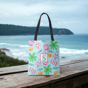 Tote Bag Plage de Preppy Scène Bikini Serviette Palm Tree