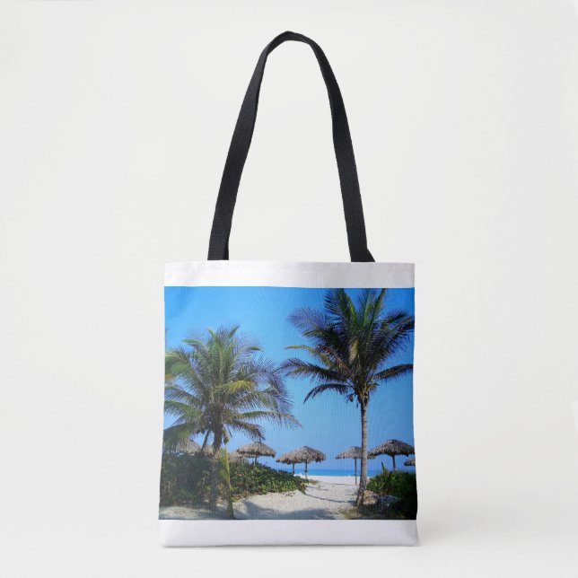 Tote Bag Plage de sable avec palmiers et vue sur l'océan (Devant)