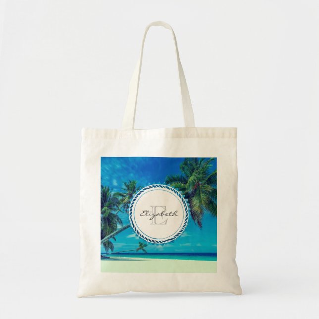 Tote Bag Plage de sable blanc avec palmiers tropicaux Monog (Devant)