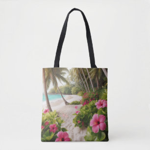 Tote Bag Plage de sable Fleurs d'Hibiscus Rose Tropical